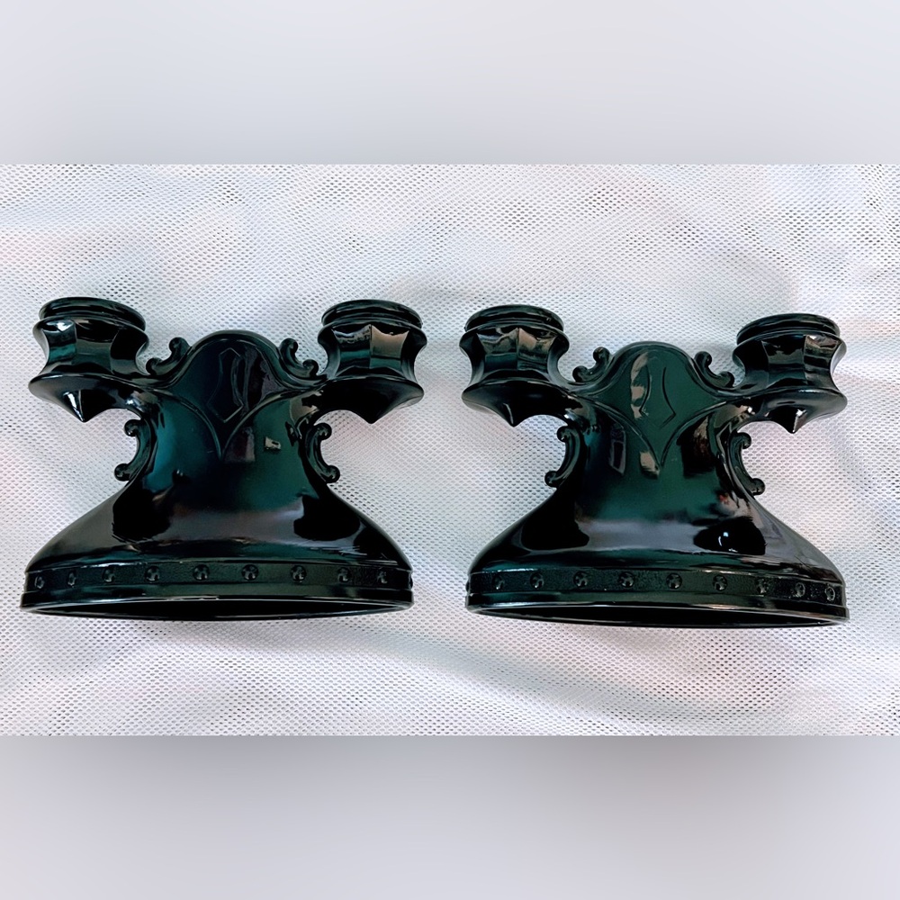 Vintage Black Amethyst Candleholder Pair LE SMITH Mt Pleasant Black Glass